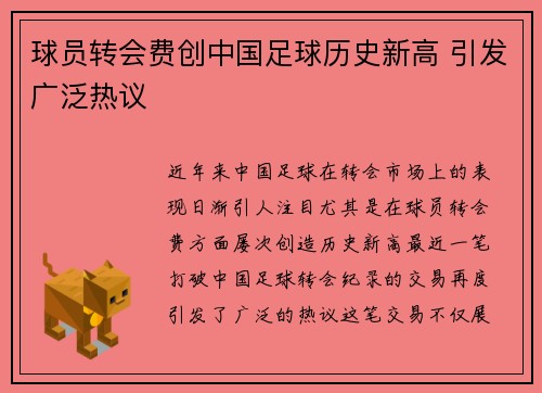 球员转会费创中国足球历史新高 引发广泛热议