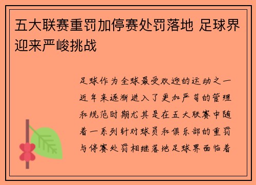 五大联赛重罚加停赛处罚落地 足球界迎来严峻挑战