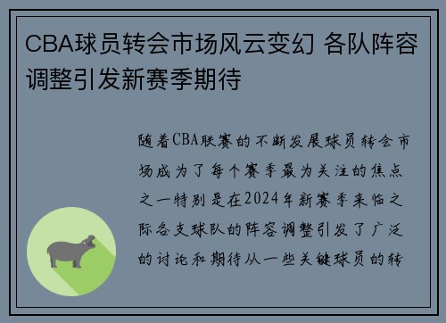 CBA球员转会市场风云变幻 各队阵容调整引发新赛季期待